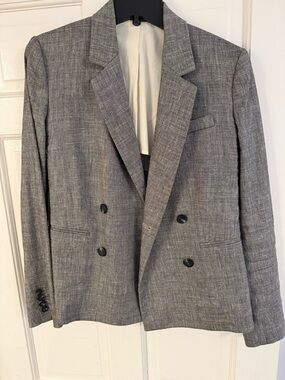 Theory Gray Double-Breasted Linen-Blend Blazer